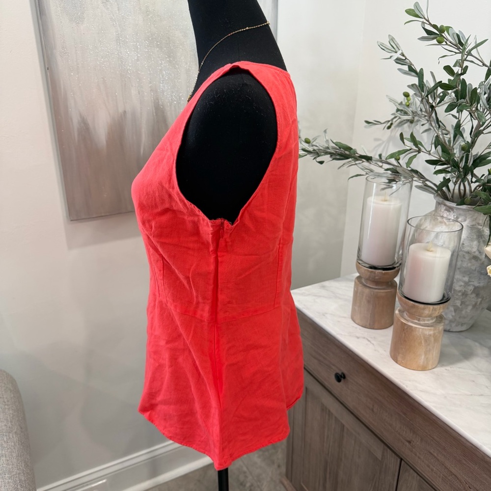 J. Crew Dark Coral V-neck Linen/Cotton Peplum Sleeveless Blouse - Picture 4 of 10